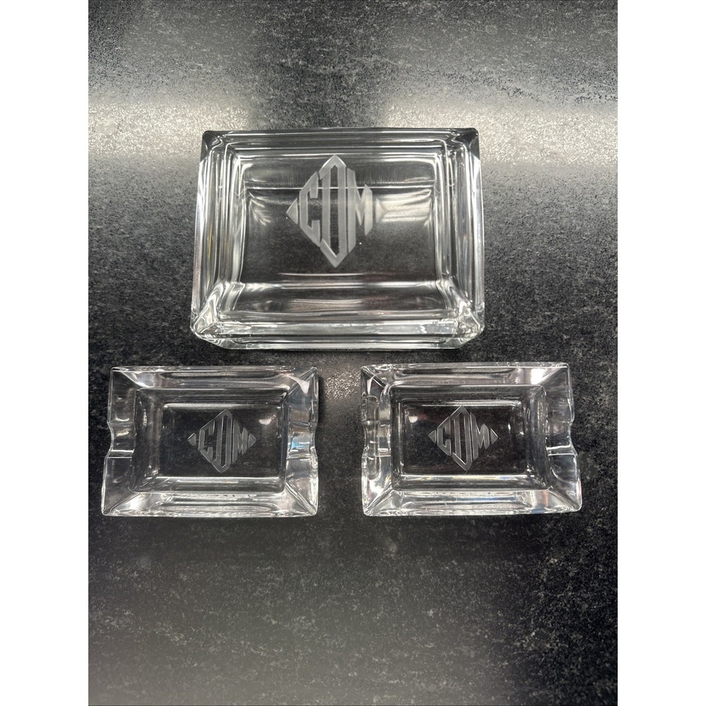 Vintage 1950's Cut Trinket Box Monogrammed Cigarette Box & 2 Cigarette Ash Trays